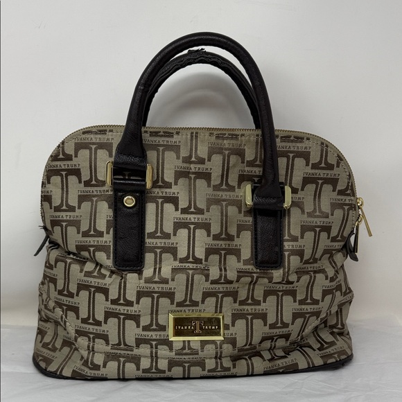 Ivanka Trump Ava Grey Brown Logo Handbag top handle gold tone hardware - Picture 1 of 10